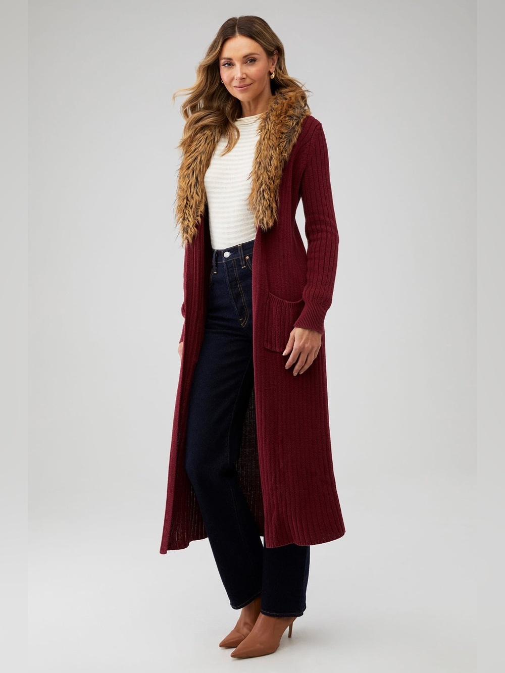 NWT Show Me Your Mumu Lombardi Burgundy Faux Fur Duster Cardigan XS